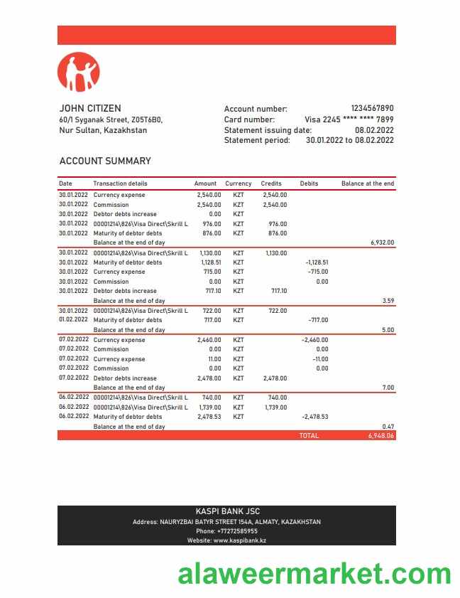 Kazakhstan Kaspi Bank statement xls